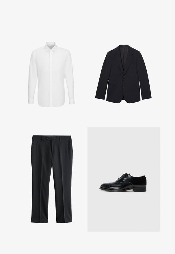 Zwart op maat gemaakte blazer met inkeping revers, twee voorste knopen, twee zijzakken en een borstzak, weergegeven op een witte achtergrond.; Witte lange mouwen overhemd met knoopsluiting aan de voorkant en klassieke kraag, weergegeven tegen een effen witte achtergrond.; Zwarte formele broek met knoop aan de voorkant, riemlussen, zijzakken en een vlak voorpand.; Zwarte leren dresschoenen met een gepolijste afwerking, ronde neus, vetersluiting en een lage gestapelde hak, met een subtiele naaddetail.