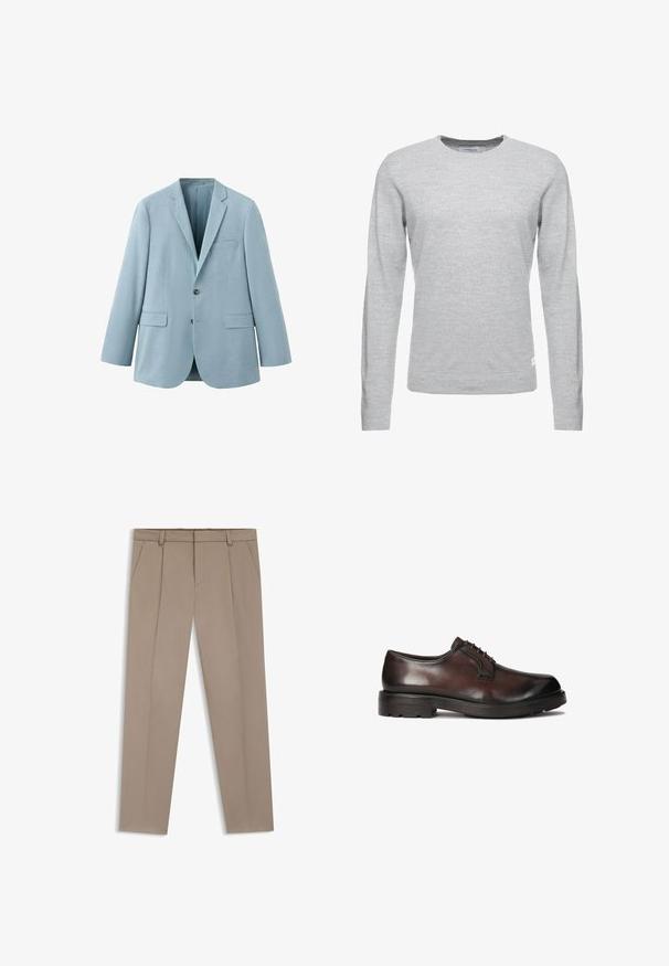 Lyseblå herreblazer med hakrevers, to knapper og klaplommer, vist mod en hvid baggrund.; Lys grå sweater, lange ærmer, rund hals, blød tekstur, minimalistisk design, lille logomærke på den nederste venstre søm.; Beige skræddersyede bukser med frontstige, sidelommer, bæltestropper og lynlås, lagt fladt på en hvid baggrund.; Brune lædersko til mænd med en glat finish, rund tå og snørebånd. Har en robust sort gummisål med godt greb.