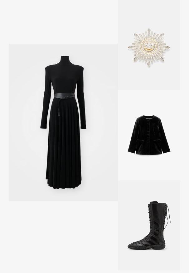 Sort fløjl langærmet jakke med rund halsudskæring, knaplukning og to klaplommer ved taljen, præsenteret fladt på hvid baggrund.; Norma Kamali SHOULDER PAD TURTLE FLARED DRESS TO MIDCALF - Jerseykjole - black; Sorte høje støvler lavet af skinnende syntetisk materiale, med et komplikere snøredesign og diagonale stribe-detaljer på siderne.; Sølvbroche med et solstråle-design, prydet med klare rhinsten og en guldaccentueret cirkelformet midte med et emblem.