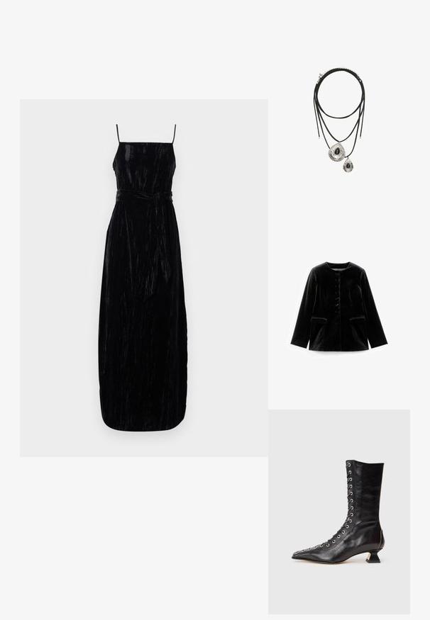 Sort fløjl langærmet jakke med rund halsudskæring, knaplukning og to klaplommer ved taljen, præsenteret fladt på hvid baggrund.; Sort velour maxi kjole med spaghetti stropper, en tætsiddende bodice og et matchende bindebælte i taljen. Teksturér stof med en let glans.; Sort læder ankelstøvle med spids tå, snøring foran, metaløjer, lav blokhæl og et strømlinet design. Glat tekstur, moderne silhuet.; Dobbeltlags sort snor halskæde med to sølv dråbeformede vedhæng, hver med en sort sten i midten og dekorative kanter.