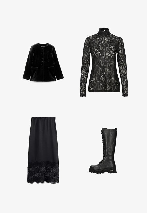 Zwarte fluwelen lange mouwen jacket met ronde halslijn, knoopsluiting en twee klepzakken op taille, plat weergegeven op een witte achtergrond.; Zwarte kant turtleneck top met lange mouwen, voorzien van een intricaat bloemenpatroon en een gegolfde halslijn. Doorzichtig, textured stof.; Zwarte midirok met elastische tailleband en brede bloemenkant aan de zoom.; Zwarte leren kniehoge laarzen met een veterfront, een rits aan de zijkant, een robuuste zool met profiel en logodetail op de hak.