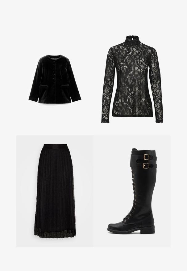 Schwarze Samt-Jacke mit langen Ärmeln, rundem Ausschnitt, Knopfverschluss und zwei Klappentaschen auf Taillenhöhe, flach auf weißem Hintergrund präsentiert.; Schwarzes Spitzen-Turtleneck-Oberteil mit langen Ärmeln, versehen mit einem kunstvollen Blumenmuster und einem gewellten Ausschnitt. Transparenter, strukturierter Stoff.; Schwarzer Maxirock aus Spitze mit strukturiertem Muster, ausgestattet mit einem glatten Bund und einem geschichteten, fließenden Design.; Oberschenkelhohe schwarze Lederstiefel mit goldenen Hardwareakzenten, ausgestattet mit einer Schnürung, zwei Schnallenriemen und einem Blockabsatz.