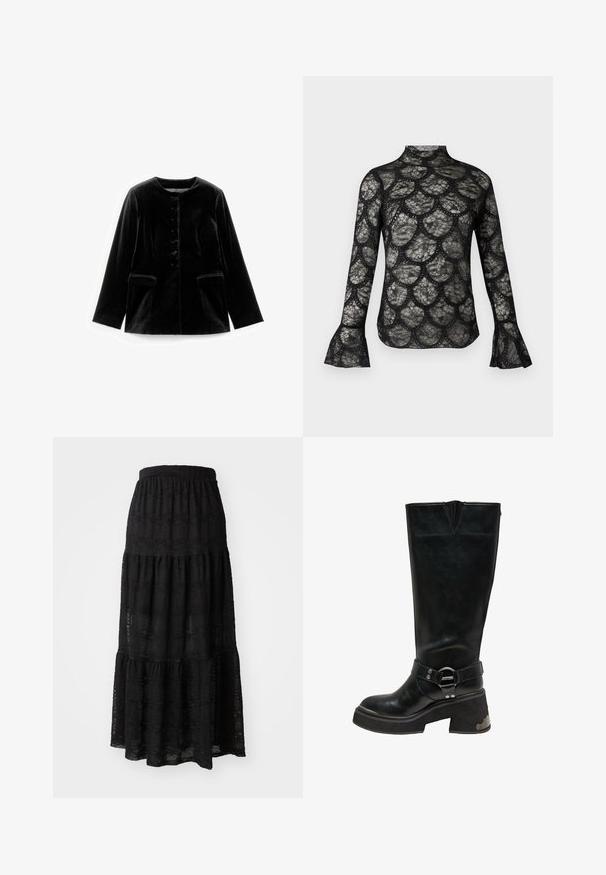 Schwarze Samt-Jacke mit langen Ärmeln, rundem Ausschnitt, Knopfverschluss und zwei Klappentaschen auf Taillenhöhe, flach auf weißem Hintergrund präsentiert.; Schwarzes Spitzentop mit hohem Kragen und ausgestellten langen Ärmeln, durchgehend mit einem gewellten Muster im Stoff.; Schwarzer Maxirock aus strukturiertem Stoff, mit einem gestuften Design, gerafftem Saum und dezenten Wellenmustern im gesamten Stoff.; Schwarzer kniehoher Lederstiefel mit klobigem Blockabsatz, silbernem Ringdetail am Knöchelriemen und Metallakzent an der Absatzseite.