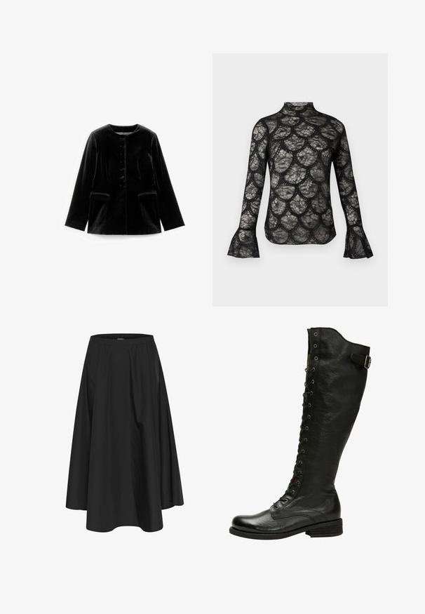 Zwarte fluwelen lange mouwen jacket met ronde halslijn, knoopsluiting en twee klepzakken op taille, plat weergegeven op een witte achtergrond.; Zwart kanten top met een hoge kraag en uitlopende lange mouwen, met een geschulpte patroon in de hele stof.; Zwarte knielange rok met een elastische tailleband, voorzien van plooien voor volume en een soepele textuur. Eenvoudig, klassiek ontwerp zonder versieringen.; Zwarte leren kniehoog laars met vetersluiting aan de voorkant, zilveren oogjes en een bucklet aan de zijkant. Heeft een gestructureerde afwerking en een gestapelde hak.