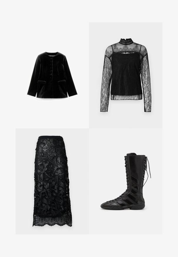 Zwarte fluwelen lange mouwen jacket met ronde halslijn, knoopsluiting en twee klepzakken op taille, plat weergegeven op een witte achtergrond.; Zwarte lange mouwen kant top met hoge kraag, intrigerend bloemenpatroon, doorzichtig materiaal en een solide paneel over het borstgebied.; Zwarte kant rok met ingewikkelde bloemenborduursel, een getailleerde tailleband en een gegolfde zoom. Transparante overlay met textuurdetails.; Zwarte hoge laarzen van glanzend synthetisch materiaal, met een ingewikkeld vetersluiting ontwerp en diagonale streepaccenten aan de zijkanten.