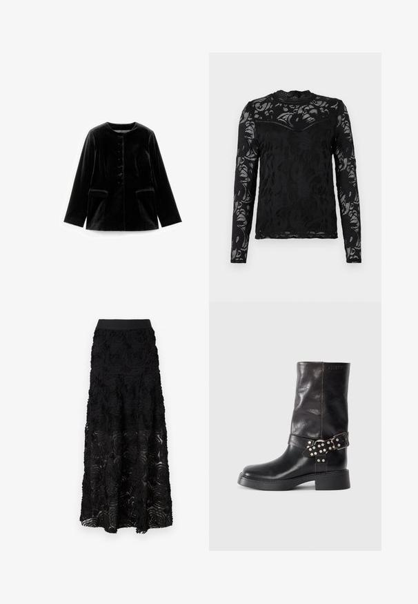 Schwarze Samt-Jacke mit langen Ärmeln, rundem Ausschnitt, Knopfverschluss und zwei Klappentaschen auf Taillenhöhe, flach auf weißem Hintergrund präsentiert.; Schwarzes Langarmoberteil aus Spitze, mit floralem Muster, hohem Ausschnitt und figurbetonter Silhouette mit strukturierten Details.; Maje JOSINO - Maxirock - noir; Schwarze Lederstiefelette mit runder Zehenform, stabiler Absatz und dekorativem Schnallenriemen mit silbernen Nieten. Glatte Textur.