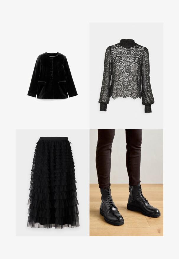 Schwarze Samt-Jacke mit langen Ärmeln, rundem Ausschnitt, Knopfverschluss und zwei Klappentaschen auf Taillenhöhe, flach auf weißem Hintergrund präsentiert.; Pieces Petite PCMARIKA - Bluse - black; Vero Moda VMNAJA Mid waist Long - Maxirock - black; Schwarze LederStiefeletten mit Brogue-Details, Schnürung, seitlichen Reißverschlüssen und strukturierten Gummi-Sohlen. Kombiniert mit dunklen Slim-Fit-Hosen.