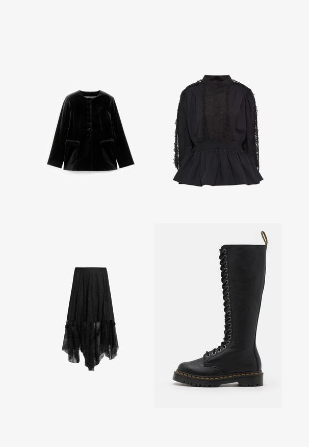 Zwarte fluwelen lange mouwen jacket met ronde halslijn, knoopsluiting en twee klepzakken op taille, plat weergegeven op een witte achtergrond.; Zwarte blouse met hoge kraag, knoopsluiting aan de voorkant, kantdetails op de mouwen, gerimpelde taille en een uitlopende zoom. Zachte stof met textuuraccenten.; Zwarte high-low rok met doorschijnende kanten overlay en gerimpelde zoom, met een aansluitende tailleband en textuurlrijke stofdetails.; Zwarte leren laarzen tot de knie met een stevige zool, voorzien van een veterfront, metalen oogjes en contrasterende gele stiksels.