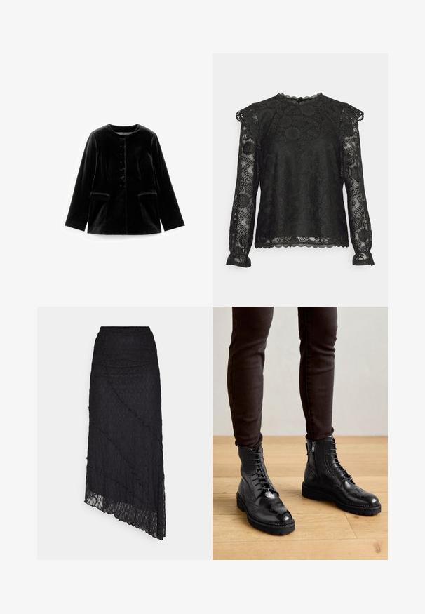 Sort fløjl langærmet jakke med rund halsudskæring, knaplukning og to klaplommer ved taljen, præsenteret fladt på hvid baggrund.; Pieces Petite PCOLLINE - Langærmet T-shirt - black; ONLY ONLKIM SLIT - Maxinederdele - black; Sorte læder ankelstøvler med brogue-detaljer, snørebånd foran, sideskafter og teksturerede gummisåler. Matchet med mørke slim-fit bukser.