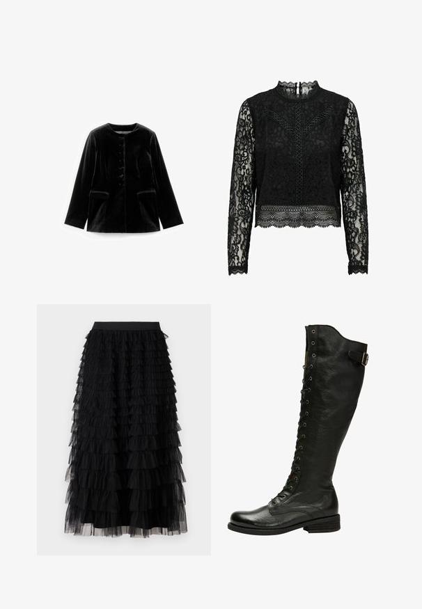Zwarte fluwelen lange mouwen jacket met ronde halslijn, knoopsluiting en twee klepzakken op taille, plat weergegeven op een witte achtergrond.; Zwarte kanten top met lange mouwen, featuring een hoge hals, intrieste bloemenpatronen, gegolfde zoom en een knoopsluiting aan de achterkant.; Vero Moda VMNAJA Mid waist Long - Maxirok - black; Zwarte leren kniehoog laars met vetersluiting aan de voorkant, zilveren oogjes en een bucklet aan de zijkant. Heeft een gestructureerde afwerking en een gestapelde hak.