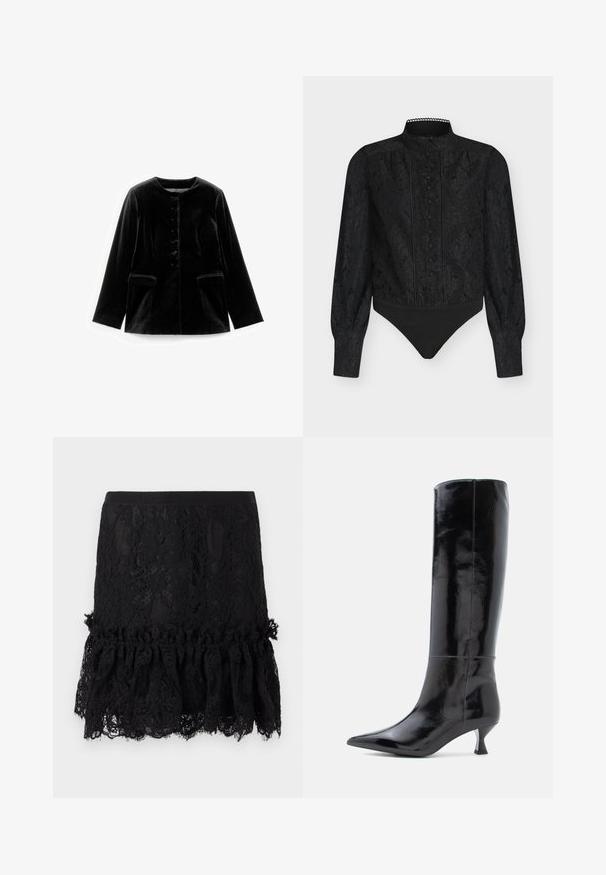 Veste en velours noir à manches longues avec col rond, fermeture à boutons et deux poches à rabat à la taille, présentée à plat sur un fond blanc.; Body en dentelle noire avec manches longues, col montant, boutons décoratifs sur le devant et partie inférieure unie noire.; Jupe en dentelle noire avec un haut structuré, présentant un ourlet en dentelle volant. Le tissu exhibe des motifs floraux et une taille lisse.; Bottes en cuir noir, montantes jusqu'au genou, avec une finition brillante, un bout pointu et un petit talon carré. Texture lisse, détails de couture minimalistes.