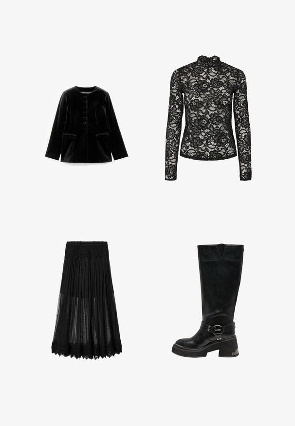 Zwarte fluwelen lange mouwen jacket met ronde halslijn, knoopsluiting en twee klepzakken op taille, plat weergegeven op een witte achtergrond.; Zwarte kant lange mouwen top met een hoge nek en gerimpelde afwerking, bloemmotieven en een doorschijnende textuur. Ontworpen voor een aansluitende silhouet.; Zwarte midirok met doorschijnende geplooide stof, geborduurde bloemenkantzoom en brede kanten tailleband.; Zwarte leren kniehoogte laars met een stevige blokhak, zilveren ringdetail op de enkelband en metalen accent aan de hielzijde.