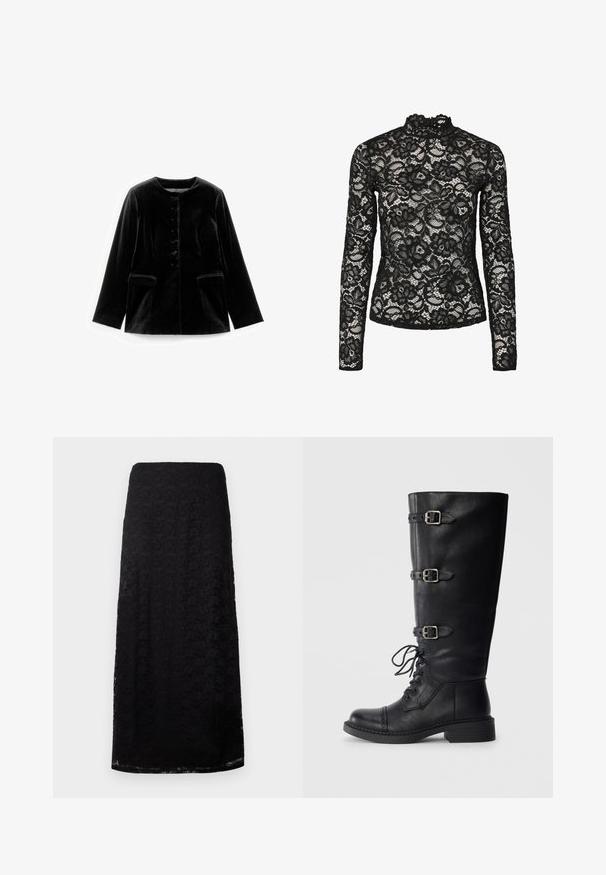 Schwarze Samt-Jacke mit langen Ärmeln, rundem Ausschnitt, Knopfverschluss und zwei Klappentaschen auf Taillenhöhe, flach auf weißem Hintergrund präsentiert.; Schwarzes Spitzenoberteil mit langen Ärmeln, hohem Kragen mit Rüschensaum, floralen Mustern und transparenter Textur. Entworfen für eine figurbetonte Silhouette.; Schwarzer Spitzen-Midi-Rock mit floralem Muster, gerader Schnitt und subtiler Textur, vor einem schlichten weißen Hintergrund präsentiert.; Schwarze Lederstiefel bis zum Knie mit Schnürung an der Vorderseite, drei Schnallenakzenten, runder Zehenform und niedrigem Blockabsatz. Glatte Textur mit matter Oberfläche.