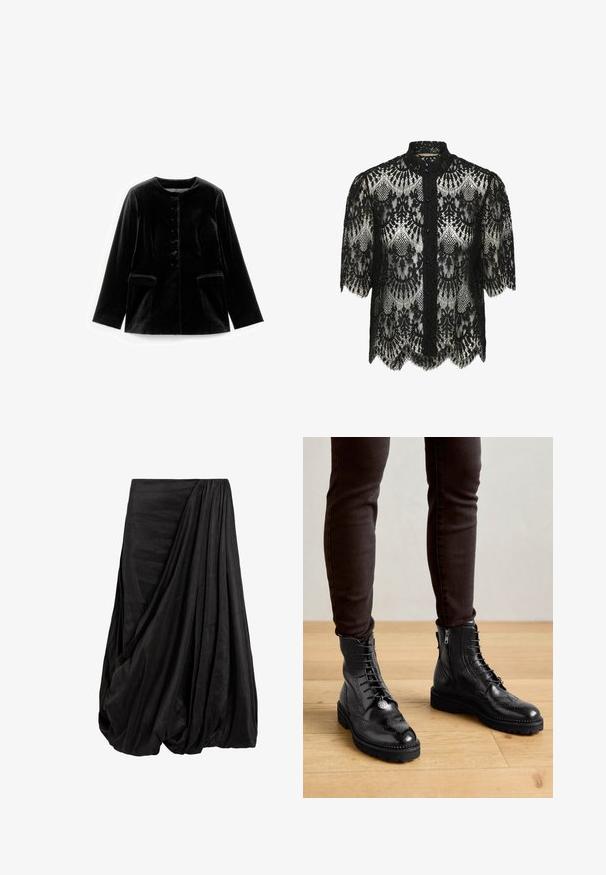 Schwarze Samt-Jacke mit langen Ärmeln, rundem Ausschnitt, Knopfverschluss und zwei Klappentaschen auf Taillenhöhe, flach auf weißem Hintergrund präsentiert.; Schwarze Spitzenbluse mit gewelltem Saum und kurzen Ärmeln. Sie verfügt über einen hohen Kragen und eine Knopfverschluss. Feines florales Muster im gesamten Design.; Schwarzer, drapierter Rock aus einem glatten Stoff, der mit komplexen Falten und einer fließenden Silhouette überzeugt. Der Rock hat eine geraffte Taille.; Schwarze LederStiefeletten mit Brogue-Details, Schnürung, seitlichen Reißverschlüssen und strukturierten Gummi-Sohlen. Kombiniert mit dunklen Slim-Fit-Hosen.