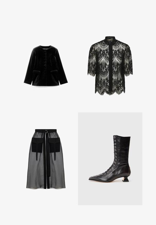 Veste en velours noir à manches longues avec col rond, fermeture à boutons et deux poches à rabat à la taille, présentée à plat sur un fond blanc.; Blouse en dentelle noire avec un ourlet festonné et des manches courtes. Présente un col haut et une fermeture à boutons. Motif floral complexe sur l'ensemble.; Jupe noire transparente avec une taille froncée, dotée de deux grandes poches avant, d'une ceinture à nouer et d'un accent en métal circulaire.; Bottine noire en cuir avec un bout pointu, laçage à l'avant, œillets en métal, petit talon block et un design épuré. Texture lisse, silhouette moderne.