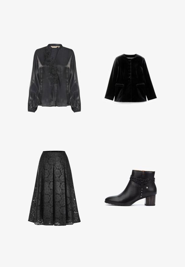 Zwarte fluwelen lange mouwen jacket met ronde halslijn, knoopsluiting en twee klepzakken op taille, plat weergegeven op een witte achtergrond.; Culture CUFIOLA - Blouse - black; Zwarte kanten rok met een geplooid ontwerp, bloemmotief en middellange snit. De stof heeft een luxe, delicate uitstraling.; Pikolinos CALAFAT - Enkelkaarsjes - black