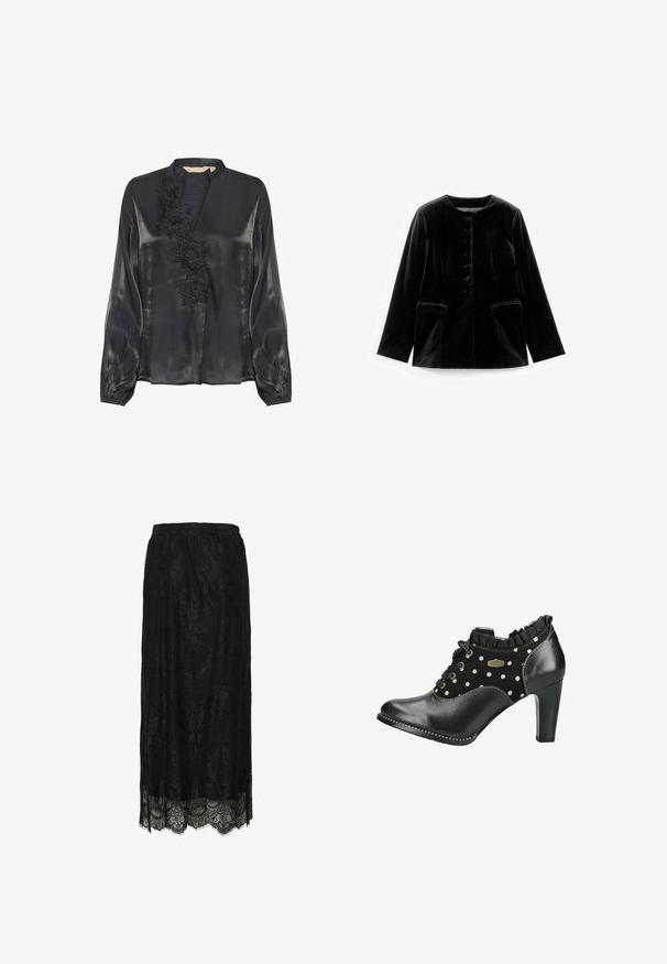 Zwarte fluwelen lange mouwen jacket met ronde halslijn, knoopsluiting en twee klepzakken op taille, plat weergegeven op een witte achtergrond.; Culture CUFIOLA - Blouse - black; Zwarte kant midi-rok met scalloped zoom en bloemmotief, voorzien van een elastische tailleband.; Zwart leren en suède enkellaarsje met polkadots, veters aan de voorkant, ruches kraag en blokhak van gemiddelde hoogte.