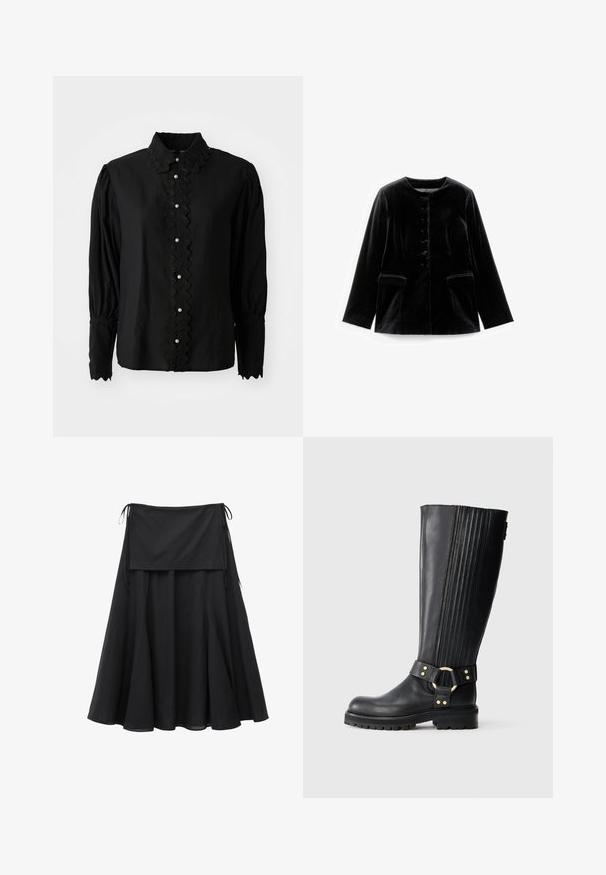 Schwarze Samt-Jacke mit langen Ärmeln, rundem Ausschnitt, Knopfverschluss und zwei Klappentaschen auf Taillenhöhe, flach auf weißem Hintergrund präsentiert.; Schwarze Bluse mit langen Ärmeln, die einen gewellten Kragen und eine Knopfleiste mit Perlenakzenten aufweist. Hergestellt aus leichtem Stoff mit strukturierten Details.; Schwarzer A-Linien-Midirock mit breitem Bund und seitlichen Bändern, aus leichtem Stoff mit fließender, leicht ausgestellter Silhouette.; Schwarze kniehohe Lederstiefel mit elastischen Rippeneinsätzen, Profilsohle und dekorativem Riemen mit goldfarbener Metallring und Nieten.