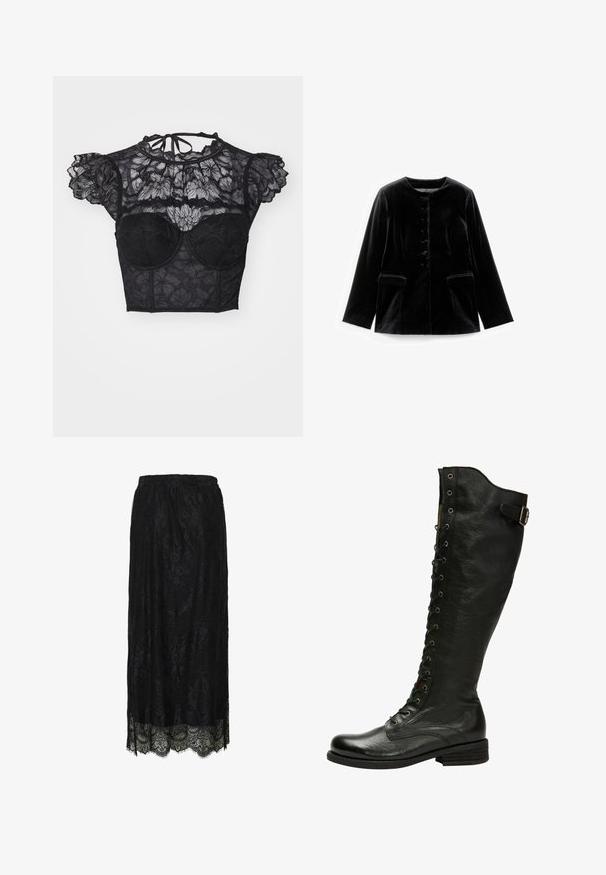 Chaqueta de terciopelo negra de manga larga con cuello redondo, cierre de botones y dos bolsillos de solapa en la cintura, exhibida plana sobre fondo blanco.; LASCANA Blusa - black; Falda midi de encaje negro con dobladillo en forma de ondas y patrón floral, con cintura elástica.; Bota de cuero negro hasta la rodilla con cordones en el frente, ojales de plata y hebilla lateral. Presenta un acabado texturizado y tacón apilado.
