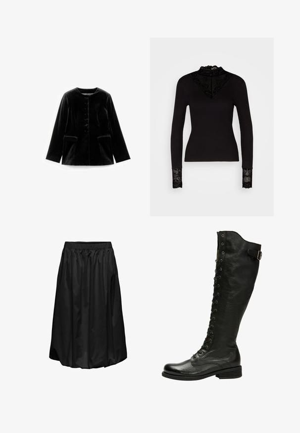 Veste en velours noir à manches longues avec col rond, fermeture à boutons et deux poches à rabat à la taille, présentée à plat sur un fond blanc.; Vero Moda VMELLA HIGH NECK - T-shirt à manches longues - black; Jupe noire en tissu léger. Taille élastique avec texture froncée, longueur genoux, surface lisse, sans motifs ni accents supplémentaires.; Botte en cuir noir hauteur genou avec un laçage à l'avant, œillets en métal argenté et boucle sur le côté. Présente une finition texturée et un talon empilé.