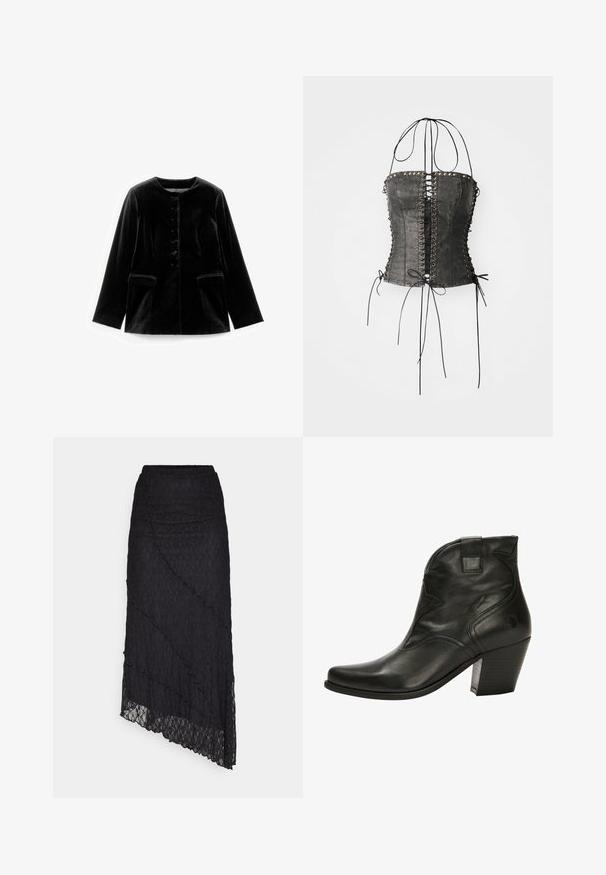 Sort fløjl langærmet jakke med rund halsudskæring, knaplukning og to klaplommer ved taljen, præsenteret fladt på hvid baggrund.; Jaded London LONGLINE LACE UP HALTER CORSET - Top - black; ONLY ONLKIM SLIT - Maxinederdele - black; Sort læder ankelstøvle med spids tå, westernsyning, lynlåsåbning i siden og stablet hæl. Glat overflade med et elegant design.
