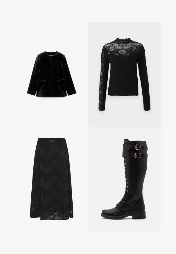 Veste en velours noir à manches longues avec col rond, fermeture à boutons et deux poches à rabat à la taille, présentée à plat sur un fond blanc.; Haut noir à manches longues avec un corps côtelé et des détails en dentelle transparente sur les épaules, le col et les manches, avec un col en dentelle festonné.; Jupe en dentelle noire avec une coupe évasée. Présente un motif floral, une surface texturée et une taille ajustée. La longueur atteint le milieu du mollet.; Bottes en cuir noires montantes avec des accents en métal doré, présentant un laçage à l'avant, deux courroies à boucle et un talon carré.