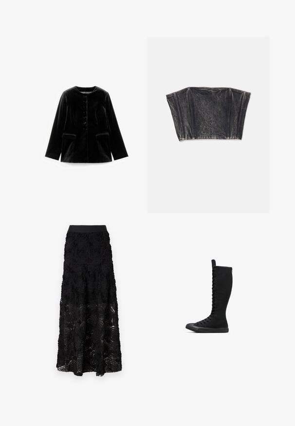 Sort fløjl langærmet jakke med rund halsudskæring, knaplukning og to klaplommer ved taljen, præsenteret fladt på hvid baggrund.; Sort denim bustier med struktureret design, der har lodrette sømme og en tætsiddende, cropped form. Tekstureret overflade med subtil fading.; Maje JOSINO - Maxinederdele - noir; Sorte høje canvasstøvler med rund tå, lynlås og snørebånd foran. Har en tekstureret overflade og gummisål.