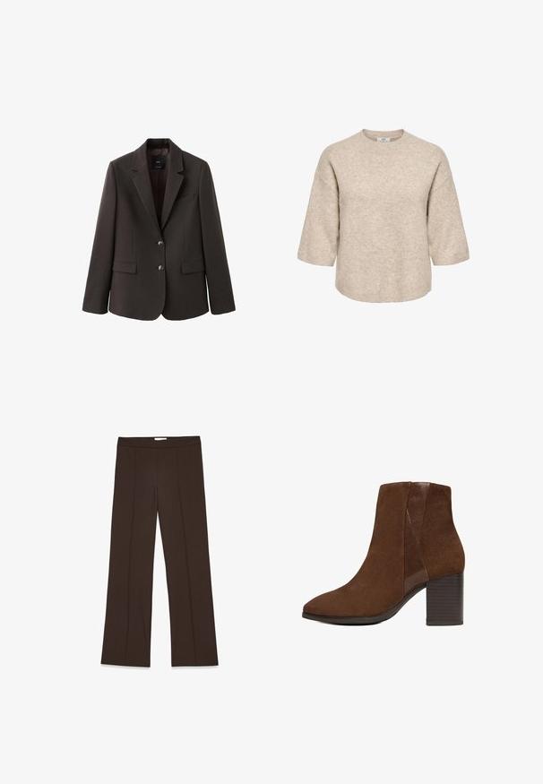Blazer marrón oscuro hecho de tela texturizada, con solapa de muesca, dos bolsillos delanteros y dos botones. Silueta clásica y estructurada.; Jersey beige de punto oversize con hombros caídos, mangas anchas hasta medio brazo, cuello redondo y dobladillo y puños acanalados.; Pantalones marrones de pierna ancha confeccionados en una tela suave; presentan pliegues frontales y una cinturilla estándar. Diseño minimalista sin cierre visible.; Botín de gamuza marrón con tacón de bloque y panel lateral elástico texturizado para facilitar su uso, punta angular y suela lisa.