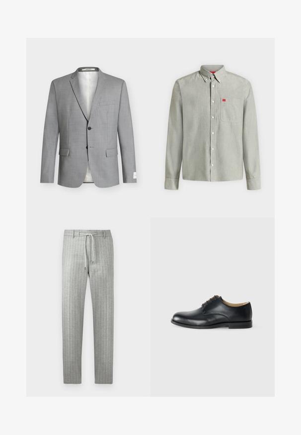 Veste de costume homme gris clair à revers crantés, deux boutons devant, trois poches à rabat et une poche poitrine passepoilée, présentée sur fond blanc.; Chemise gris clair à manches longues avec boutons, poche poitrine devant et petite étiquette rouge sur la poche, col boutonné.; Pantalon gris clair à rayures avec une coupe droite, une taille à cordon de serrage et un tissu subtilement texturé. Présente des fines rayures verticales pour plus de détails.; Calvin Klein ESS DERBY - Derbies - triple black