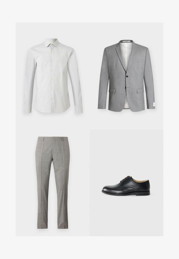 Veste de costume homme gris clair à revers crantés, deux boutons devant, trois poches à rabat et une poche poitrine passepoilée, présentée sur fond blanc.; Chemise blanche à manches longues avec un motif subtil de petits pois, col classique et silhouette cintrée.; Pantalon habillé gris sur mesure avec passants de ceinture et motif à carreaux subtil, présenté à plat sur un fond blanc.; Calvin Klein ESS DERBY - Derbies - triple black