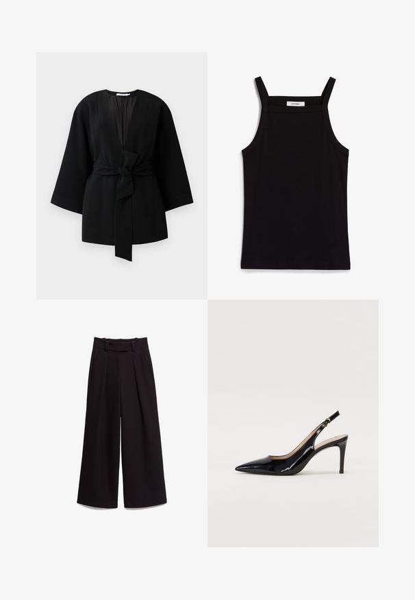 Zwarte lange kimono-stijl jas met brede mouwen en een voorpand dat met een strik op de taille is vastgebonden.; Zwarte tanktop met dunne spaghettibandjes, gemaakt van ribstof, met een rechte snit en een label op de hals dat "IVY OAK" zegt.; Zwarte broek met wijde pijpen, hoge taille, riemlussen, zijzakken en plooien aan de voorkant, plat gelegd op een witte achtergrond.; Zwarte gepatineerde leren slingback pump met een puntige neus, slanke hak en een subtiel uitgesneden ontwerp. Bevat een gouden gesp op de band.
