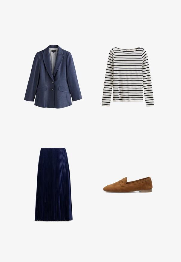 Marineblå skræddersyet blazer med to forreste knapper, hakkede revers, klaplommer og stribet indvendig for, vist på en hvid baggrund.; Hvid skjorte med lange ærmer, navyblå vandrette striber og et lille "GANT"-logo på venstre ærmekant.; Mørkeblå plisseret midi-nederdel lavet af letvægtsstof med en glat overflade, der har jævnt fordelt lodrette folder og en elastisk talje.; Brune ruskinds loafers med spidse tæer, der har en syet top og en lav, flad hæl. Glat tekstur med minimale detaljer.