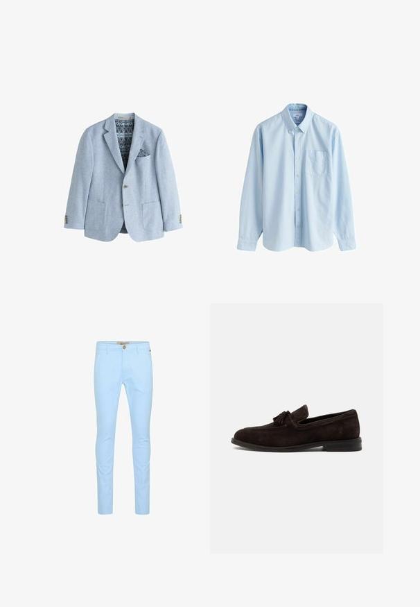 Lyseblå herreblazer med to knapper, nakkeslag med notch, frontlommer, mønstret foer og matchende mønstret lommetørklæde.; Lyseblå langærmet skjorte med knapper, knappet krave og brystlomme, vist på en hvid baggrund.; Lyseblå bomulds chinos med slim fit, der har en frontknaplukning, bæltestropper og en glat tekstur. Ingen synlige mønstre eller detaljer.; Mørkebrun herre loafer i ruskind med kvaster, syninger og lav hæl, vist i profil på en ensfarvet baggrund.