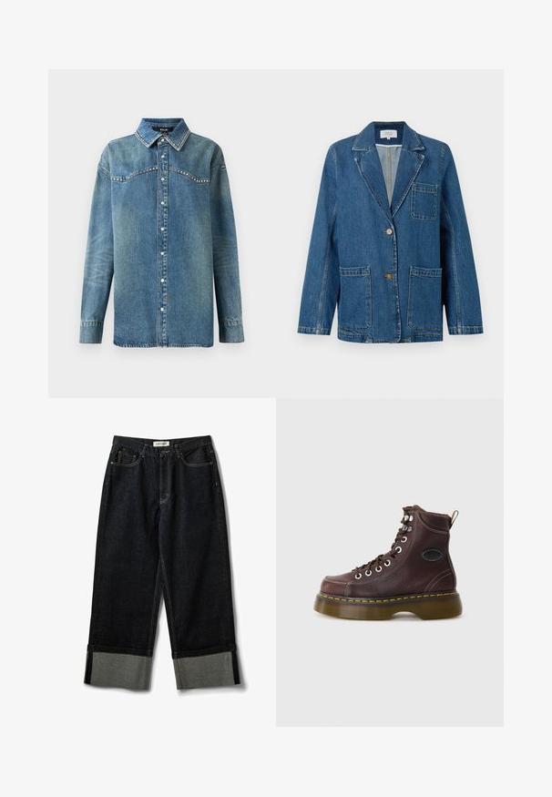 Blazer en denim bleu foncé avec col à revers cranté, deux poches avant, fermeture par un bouton simple et détails de surpiqûres orange contrastantes. Coupe régulière.; Chemise en denim bleu à manches longues avec boutons-pression, col pointu et détails en strass le long du devant et des bords du col.; Jean large en denim foncé avec ourlet brut, revers gris contrastants, cinq poches et détails cousus, doté d'une fermeture classique à bouton et zip.; Bottine en cuir marron avec une surface texturée, œillets en argent et couture jaune. Dispose d'une semelle épaisse translucide et d'une languette.