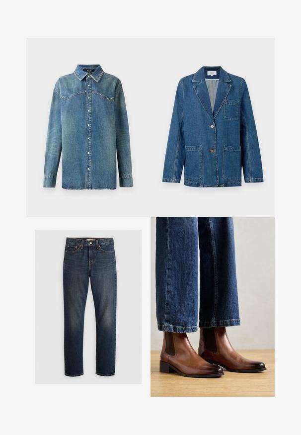 Donkerblauwe denimblazer met een kraag met inkeping, twee zakken aan de voorkant, een enkele knoopsluiting en contrasterende oranje stikseldetails. Regular fit.; Blauwe denim overhemd met lange mouwen, drukknoopsluiting, puntige kraag en strass-details langs de schouderpas en kraagranden.; Donkerblauwe denim jeans met een straight-leg ontwerp, vijf-pocket stijl en koperen klinknagels. Zachte textuur met een lichte vervaging.; Bruine leren enkellaarsjes met elastische zijpanelen, vierkante neus en lage blokhak, gedragen met blauwe jeans. Hardhouten vloer eronder.