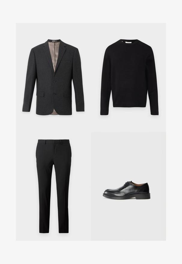 Donkergrijze herenenblazer met ingesneden revers, twee knopen aan de voorkant, klepzakken en beige binnenvoering, gezien van voren.; Zwarte gebreide trui met een ronde halslijn, lange mouwen en een relaxed fit. Glad textuur, minimalistisch ontwerp, geen patronen of versieringen.; Op maat gemaakte zwarte broek van een gladde stof. Heeft een recht model, voorplooien en riemlussen voor verstelbare maat.; Zwarte leren dresschoenen met een ronde neus, een gladde afwerking, veters en een lage, gestructureerde rubberen zool. Strakke lijnen en een minimalistisch ontwerp.