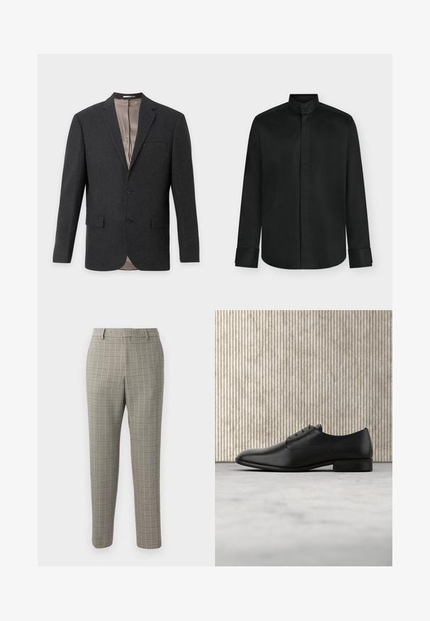 Donkergrijze herenenblazer met ingesneden revers, twee knopen aan de voorkant, klepzakken en beige binnenvoering, gezien van voren.; Zwart overhemd met lange mouwen, opstaande kraag, verborgen knoopsluiting en brede manchetten, weergegeven op een effen lichte achtergrond.; Broek in een lichtbeige stof met een geruit patroon in donkerbruin en marineblauw, met een rechtlopende snit en een standaard tailleband.; Zwarte lederen dresschoenen met een strak ontwerp, ronde neus, vijf veterogen voor veters, en een kleine opstaande hak. Subtiele reliëf logo detail.