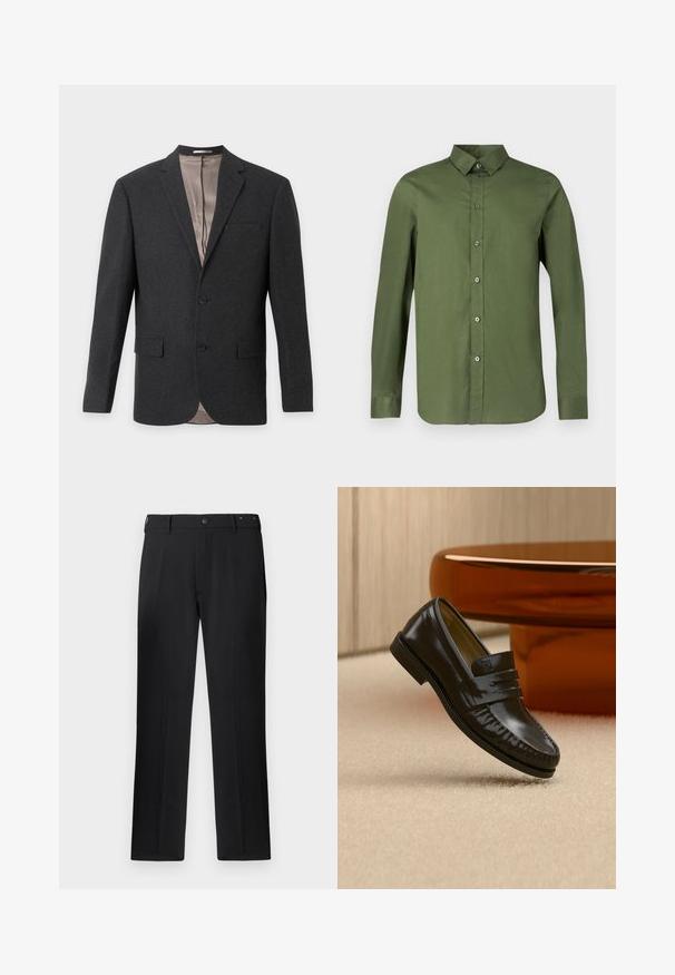 Blazer homme gris foncé avec revers crantés, deux boutons devant, poches à rabat et doublure intérieure beige, vu de face.; Chemise à manches longues vert olive, fabriquée en tissu lisse, avec un devant boutonné et un col pointu assorti aux boutons.; Pantalons noirs avec une coupe droite, fermeture à bouton et passants de ceinture, avec une texture lisse et sans motifs ni accents visibles.; Mocassin en cuir noir brillant avec un détail de bride, posé sur un tapis beige près d'une table basse ronde en bois brun dans une pièce doucement éclairée.
