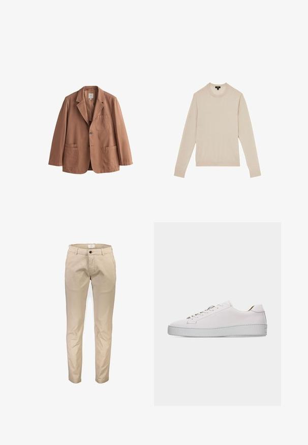Blazer marrón de un solo botón con solapas con muesca, tres bolsillos de parche y dos botones, mostrado sobre un fondo blanco liso.; Suéter de manga larga color beige claro con cuello redondo. Hecho de un tejido suave, con puños y dobladillo acanalados. Diseño minimalista sin patrones.; Pantalones de algodón beige con diseño de pierna recta, que cuentan con bolsillos delanteros, cierre de cremallera y un solo botón. Textura lisa, sin estampados.; Zapatilla deportiva de piel blanca de corte bajo con cordones blancos, suela de goma plana texturizada y costuras mínimas, mostrada desde el lado exterior sobre un fondo blanco.