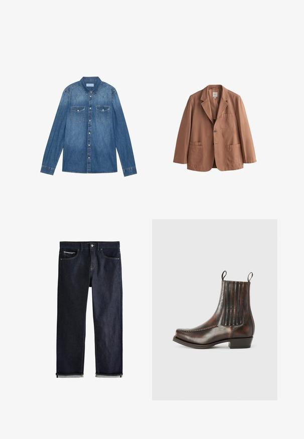 Brun enkeltkneppet blazer med notchslabel, tre lappelommer og to knapper, vist på en ensfarvet hvid baggrund.; Mørkeblå denimskjorte med lange ærmer, klassisk krave, knaplukning fortil, to brystlommer og kontrasterende stiklinger på sømmene.; Mørkeblå denimjeans med opsmøgede manchetter, knap- og lynlåslukning, for- og møntlommer samt kontrastsyning på hvid baggrund.; Brun læder ankelstøvle med en glat overflade, elastiske sidepaneler, en rund tå, dekorativ syning og en lav blokhæl.