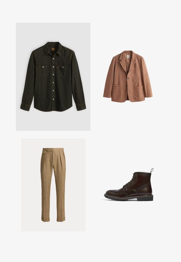 Brun enkeltkneppet blazer med notchslabel, tre lappelommer og to knapper, vist på en ensfarvet hvid baggrund.; Langærmet sort denimskjorte med spids krave, to brystlommer, sølvknapper og gule syninger. Klassisk western-design.; Brune ternede bukser med høj talje, plisseringer, sidelommer, knaplukket sidelukning, manchetter og skræddersyede lige ben.; Brune læder snørestøvle med brogue-design, tekstureret overdel, gummisål og træksløjfe. Robust konstruktion med detaljerede udsmykninger.