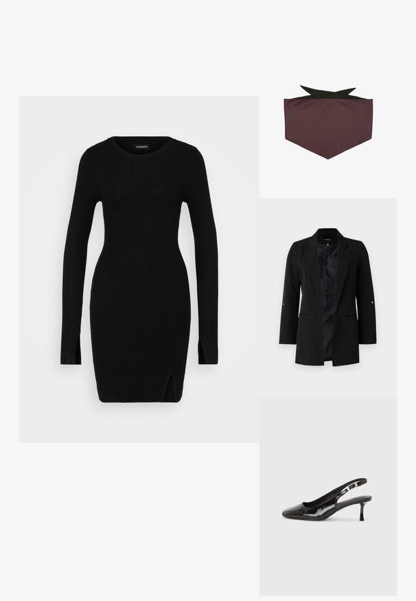 Sort skræddersyet blazer med lange ærmer, spidse klapper, frontlommer og et satinfor. Har guld accenter på ærmeknapperne.; Sort ribbet strikkjole med lange ærmer, rund halsudskæring, sideslidser og tætsiddende silhuet, der fremhæver en glat tekstur og minimalistisk design.; Sort slingback-sko i laklæder med spids tå, sølvspænde og mellemhøj kitten-hæl på en ensartet lys baggrund.; Bordeauxfarvet stofaccessory med en glat tekstur, der har et spidset design øverst i sort, hvilket skaber en kontrastfuld kant.