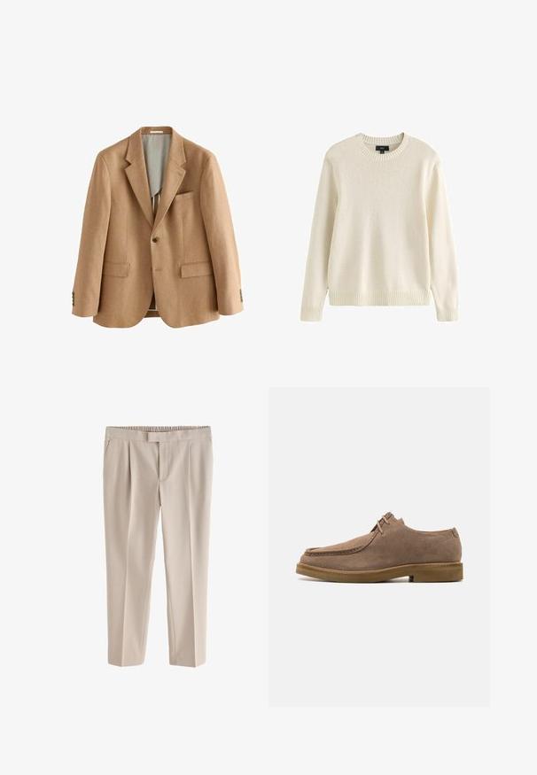 Enkelsluitend beige blazer met inkepingrevers, twee voorzakken met klep, een borstzak en manchetten met vier knopen, weergegeven op een witte achtergrond.; Roomkleurige lange mouw gebreide trui met geribde ronde hals, manchetten en zoom, medium maat label van het merk Next.; Beige rechte broek met elastische tailleband en voorplooien, ontworpen voor een comfortabele pasvorm.; Zign by Zalando LEATHER - Sportieve veterschoenen - taupe