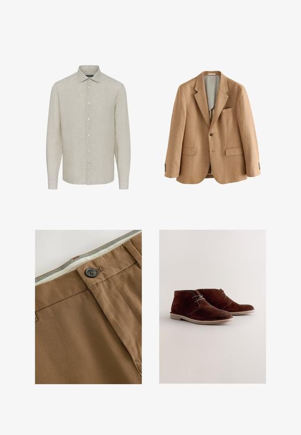 Enkelsluitend beige blazer met inkepingrevers, twee voorzakken met klep, een borstzak en manchetten met vier knopen, weergegeven op een witte achtergrond.; Lichtbeige overhemd met lange mouwen van linnen, met een effen textuur, puntige kraag en zes knopen aan de voorkant, voorzien van knoopmanchetten.; Bruine katoenen broek met een ritssluiting, een zwarte knoopsluiting en een gestructureerde stof. Voorzien van een contrasterende taillebandvoering.; Bruine suède enkellaarsjes met een afgeronde neus, grijze veters en een lichtgekleurde rubberen zool. Eenvoudig ontwerp met stikselaccenten.