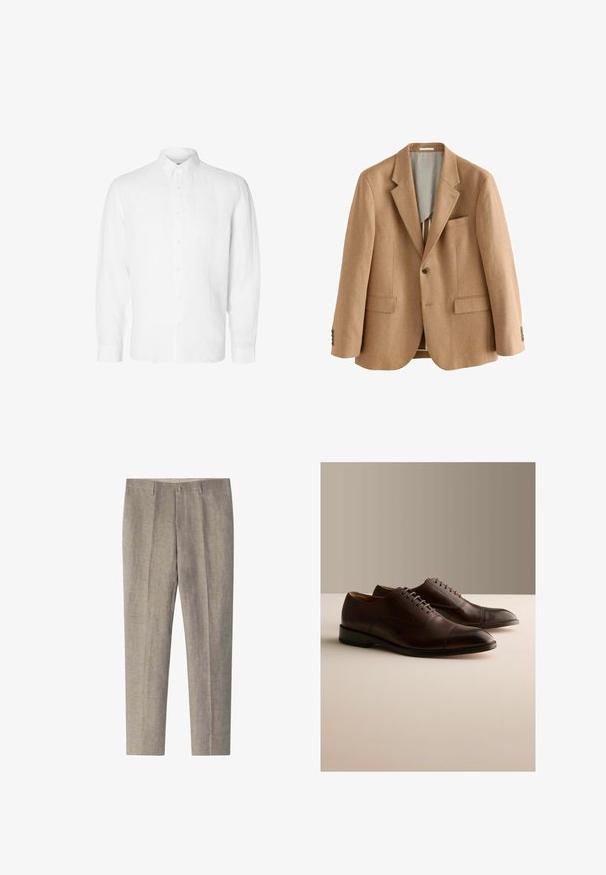 Einreihiger beiger Blazer mit Notch-Revers, zwei vorderen Klappentaschen, einer Brusttasche und Vier-Knopf-Manschetten, gezeigt auf weißem Hintergrund.; Weißes Langarmhemd aus Leinen mit Button-Down-Kragen, vorderen Knöpfen und einer lässigen Passform mit geraden Manschetten.; Beige maßgeschneiderte Hose mit Gürtelschlaufen, vorderen Taschen und einer Bügelfalte in der Mitte jedes Beins.; Paar dunkelbraune Leder-Oxford-Schuhe mit Schnürsenkeln und Cap-Toe-Detail auf neutralem Untergrund und Hintergrund.