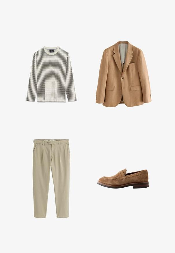 Blazer beige de un solo botón con solapas con muesca, dos bolsillos frontales con solapa, un bolsillo en el pecho y puños con cuatro botones, mostrado sobre un fondo blanco.; Camisa de manga larga con una base crema y finas rayas marinas. Presenta un cuello redondo y una textura suave. Sin logotipos ni adornos visibles.; Pantalones casual beige de corte recto con cierre frontal de botón y cremallera, trabillas para cinturón y bolsillos laterales.; Mocasín penny para hombre en ante marrón con detalles cosidos y tacón de cuero apilado, mostrado de perfil sobre fondo blanco.