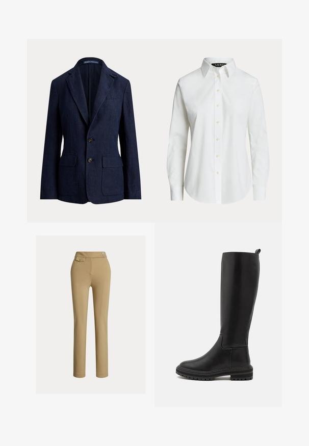 Blazer homme bleu marine foncé avec revers crantés, deux poches avant à rabat et deux boutons sur le devant, fond uni.; Chemise blanche à manches longues, boutonnée, avec un col classique et des boutons visibles à l'avant, présentée sur un fond uni.; Pantalons slim beige pour femmes avec taille haute, deux boutons sur le côté et une petite poche à rabat boutonnée près de la taille.; Bottes noires en cuir montantes, à finition lisse, avec un bout arrondi, une semelle en caoutchouc basse et des détails de couture minimalistes.