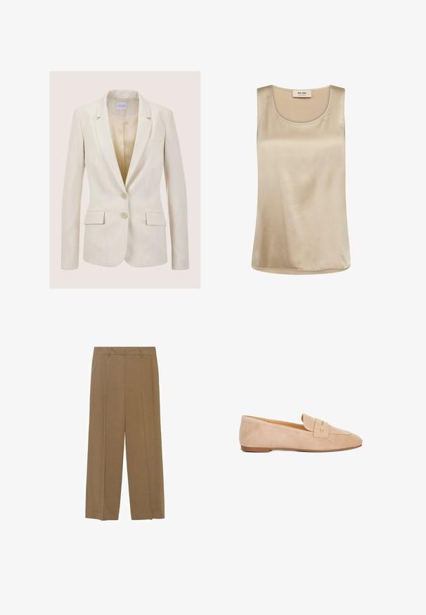 Blazer beige avec un col à revers cranté, coupe simple boutonnage, deux poches avant et deux boutons ; le tissu présente une texture subtile.; Haut en satin beige sans manches avec encolure ronde et étiquette Mos Mosh à l’intérieur du col.; Pantalons larges en tissu léger de couleur marron uni, avec plis avant et une taille ajustée.; Mocassins en daim beige avec un talon plat, un bout arrondi et une bride décorative avec un accent doré. Texture lisse et design simple.