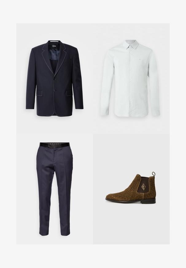 Tumesinine bleiser, mis on valmistatud kangast, millel on kontrastsed valged tikandid krae ja servade ääres, kaks eesmist taskut ja ühe nööbiga kinnitamine.; Helehall sinise varrukaga meeste särk, nööpidega esiküljel ja kraega, vasakul rinnal peen brändi logo.; Tumed pooldunud püksid sujuva tekstuuriga, musta vöökoha ja eesdetailide kreese funktsiooniga, et saavutada formaalne välimus.; Pruunist kootud pahkluu saapad, millel on terav nina, elastsed külgpanelid ja silmus taga. Omab teisel küljel teemantaktsenti.