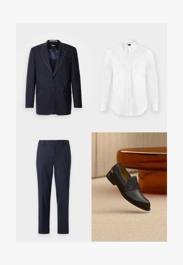 Blazer marine en tissu, avec des coutures blanches contrastantes le long des revers et des bords, deux poches avant et une fermeture à un bouton.; Chemise blanche à manches longues avec boutons et col pointu, posée à plat sur un fond gris clair.; Pantalon navy en tissu lisse, avec une coupe droite, des passants de ceinture et une fermeture à bouton unique à la taille.; Mocassin en cuir noir à talon bas flottant au-dessus d'un sol moquetté beige près d'une table ronde marron.